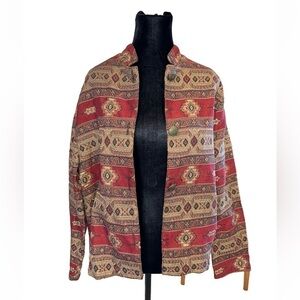 Vintage Tapestry Jacket Krista Koeppe M Cotton Red Gold Button Front Grannycore